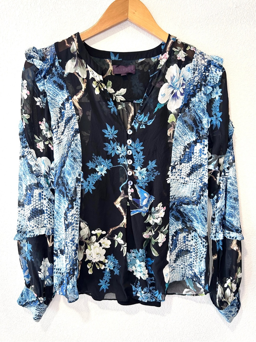 Hale Bob 100% Silk Floral Birds Beaded Ruffle Top Boho Designer Luxury Size S